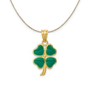 14k Yellow Gold & Green Enameled Four Leaf Clover Necklace - 16 Inch